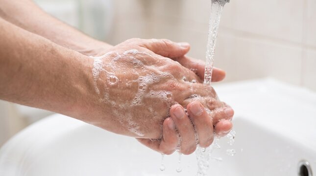 Person washing hands with soap under running water in a bathroom sink.