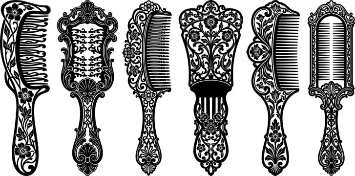Vintage ornate hair comb black silhouette vector set with elegant Victorian floral and filigree patterns
