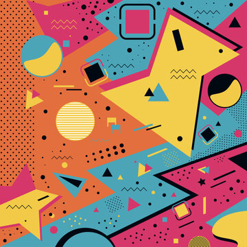 Colorful Retro 90s Memphis Style Geometric Background Pattern