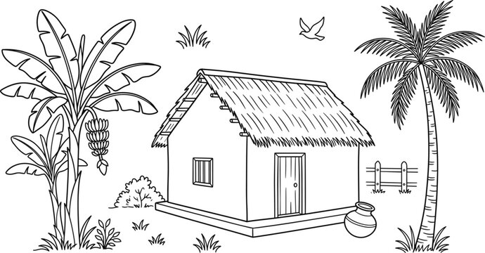 Black and white line art vector illustration of traditional rural village clay hut with banana and palm tree