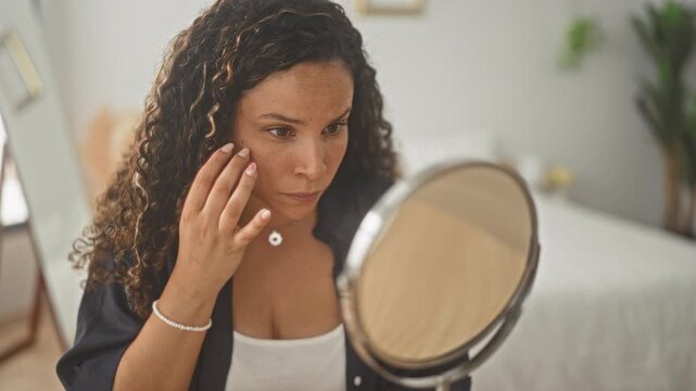 Woman with curly hair touching her cheek while applying skincare at a round tabletop mirror on a bedroom dressing table inside a building; calm self care.