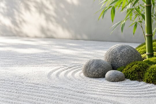 Serene Japanese zen garden with raked white sand, moss, bamboo, and smooth stones creating a peaceful and minimalist landscape.