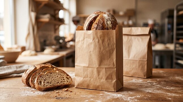 Fresh Sourdough Bread Loaf in Craft Paper Bag with Sliced Bread on Bakery Table