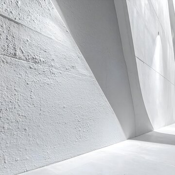 Abstract architectural detail of a modern white concrete wall with sharp shadows.