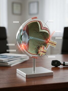 Eye anatomy model with labeled callouts on office desk