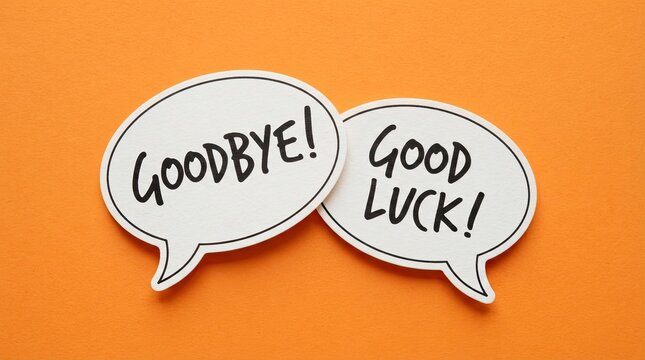 Goodbye and good luck speech bubbles on a vibrant orange background