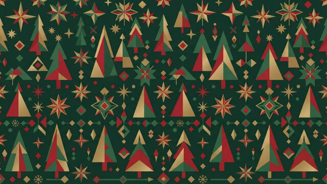 Modern abstract geometric Christmas pattern with stylized pine trees and stars in red and gold