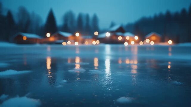 Serene winter landscape with glowing village lights reflecting on a frozen lake at twilight 4K Generative AI