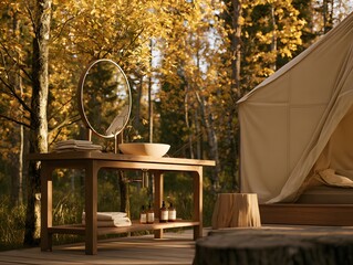 Fototapeta premium Outdoor wooden vanity with sink and mirror in a scenic forest glamping setting during autumn