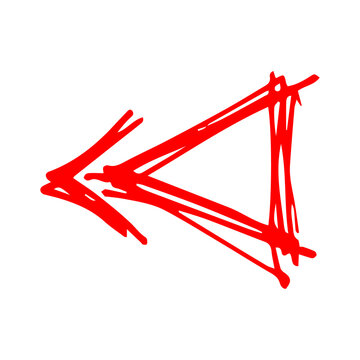 Hand Drawn Red Doodle Arrow Left Pointer, Sketch Rewind Direction Symbol and Marker Triangle on Transparent Background