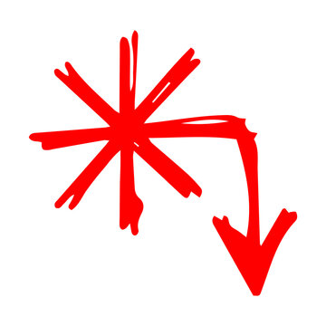 Hand Drawn Red Asterisk Arrow Down Pointer, Scribble Star Direction Marker and Note Icon on Transparent Background