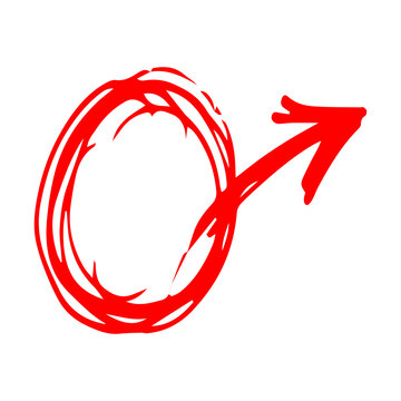 Hand Drawn Red Scribble Circle with Arrow Pointer, Doodle Round Frame Highlight Sign on Transparent Background