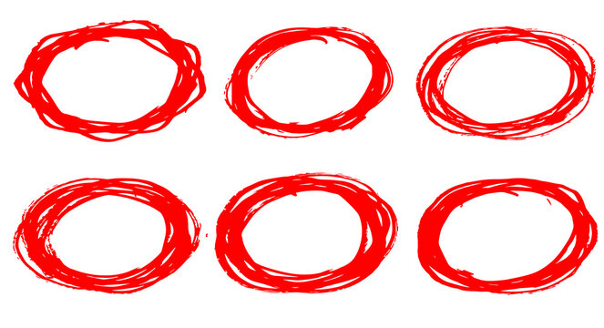Hand Drawn Red Scribble Circles Set, Round Marker Ring Frames and Oval Doodles on Transparent Background