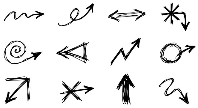 Hand Drawn Black Doodle Arrow Set, Sketch Direction Pointer Icons and Curved Line Scribble Symbols on Transparent Background
