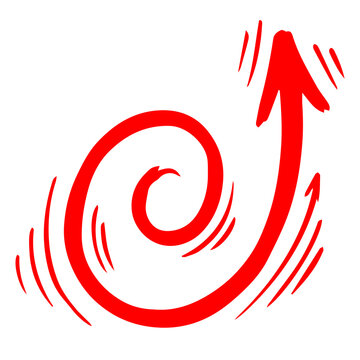 Hand Drawn Red Spiral Doodle Arrow, Dynamic Swirl Growth Pointer and Directional Sketch Symbol on Transparent Background