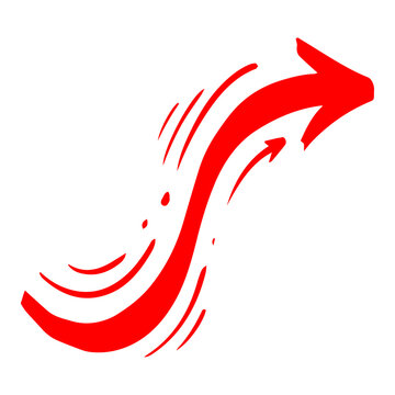 Hand Drawn Red Curved Arrow Doodle Arch Pointer Direction Sign Comic Sketch Element Graphic Illustration Isolated