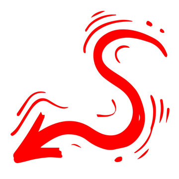 Hand Drawn Red Curved Arrow Doodle Spiral Pointer Direction Sign Comic Sketch Element Graphic Illustration Isolated