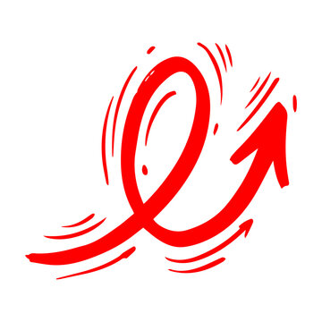 Hand Drawn Red Loop Curved Doodle Arrow, Dynamic Growth Swirl Direction Pointer on Transparent Background