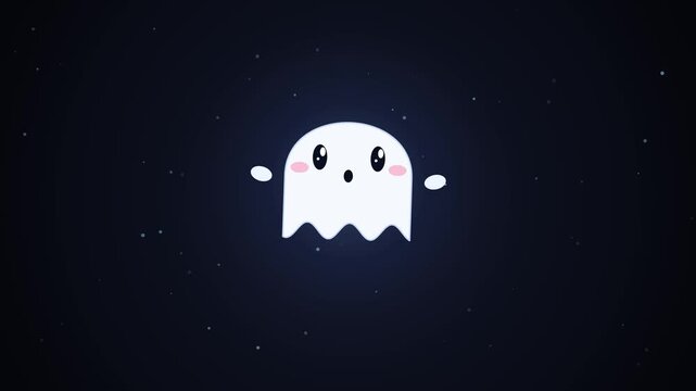 Visual ikon hantu putih imut melayang dengan animasi skirt bergelombang (wavy tail) dan efek cahaya aura, dengan partikel orbs di latar belakang yang gelap.