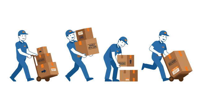 Flat vector delivery workers set, four men carrying boxes, loading cartons, and postal mailman characters for e-commerce websites and logistics business apps
