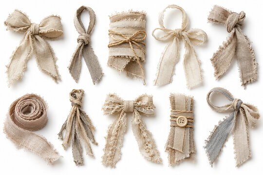 Ten frayed linen ties for junk journal collage element set