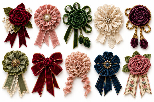Ten velvet rosettes for junk journal collage element set
