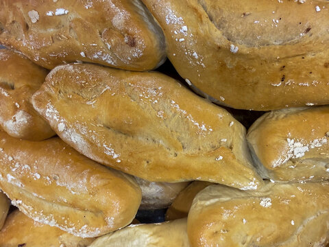 Fresh Baked Telera Bolillo Bread Rolls at Mexican Bakery Panaderia &ndash; Traditional Food Background Closeup
