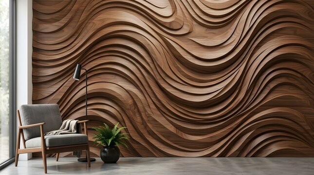 Modern interior living room featuring a luxury wavy 3D parametric wood wall and gray armchair