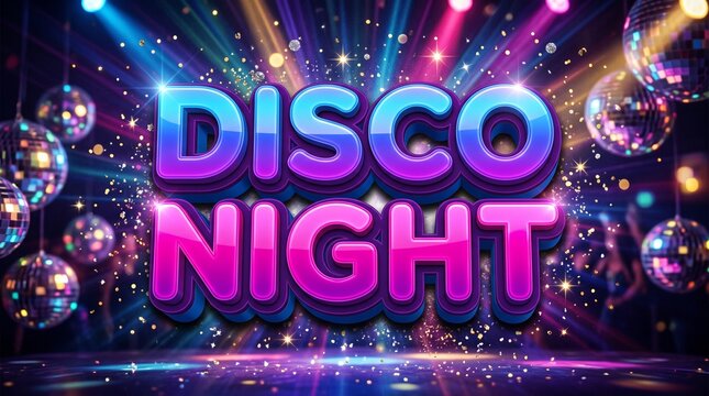 Disco Night Vibrant Typography with Shiny Mirror Balls and Colorful Stage Lights Background for Party Event