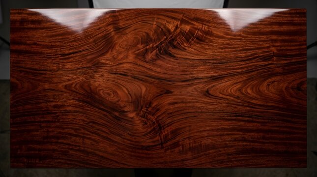 High gloss polished solid wood table surface showcasing natural grain patterns and rich textures