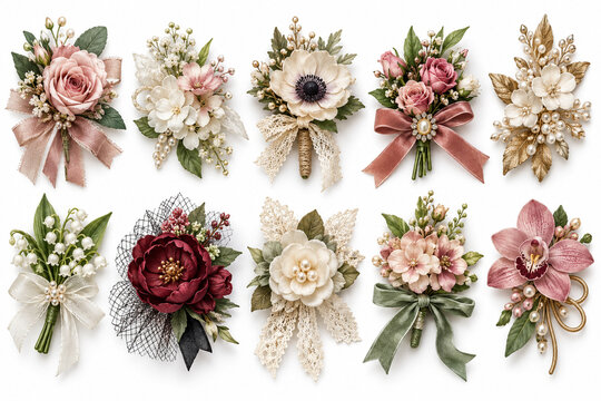 Ten floral corsage pieces for junk journal collage element set