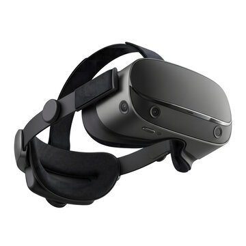 A high-tech virtual reality headset in a dark gray finish, featuring adjustable straps and integrated lenses, used for immersive gaming, simulation, and digital entertainment experiences