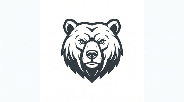 Minimal black and white bear head logo, front view with stern eyes and thick fur outline, clean bold emblem for brand
