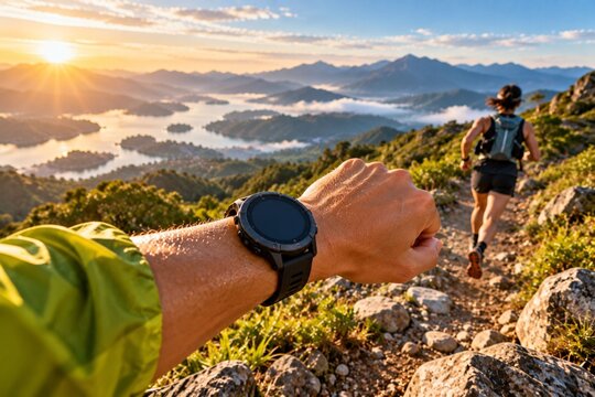 Trail runner checking a GPS watch on a mountain trail at sunrise