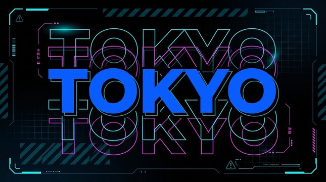 Futuristic Cyberpunk Tokyo Typography Design with Neon HUD Interface Elements and Digital Tech Frame