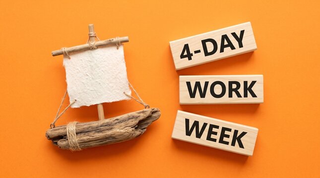 4-Day Work Week Concept with Wooden Blocks and Small Sailboat Model on Orange Background