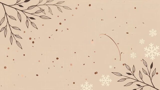 舞い散る雪と手描き風の葉が彩るナチュラルで温かみのある冬のベクター背景素材