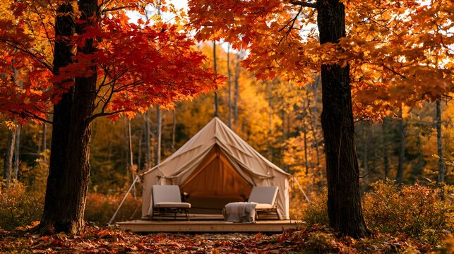 Cozy glamping tent setup in an autumn forest with two lounge chairs on a wooden platform surrounded by fall foliage