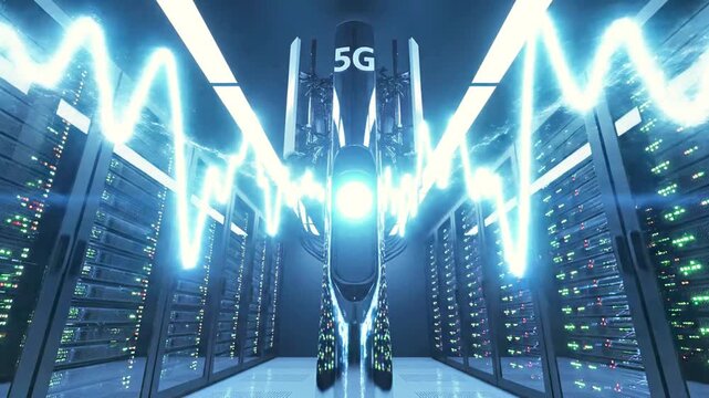 5G network antenna tower inside modern server room corridor.