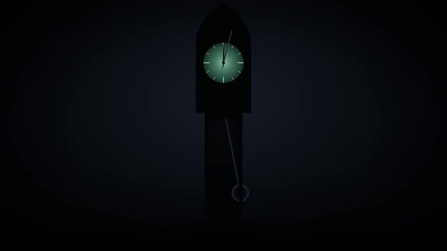 A dark grandfather clock silhouette with a steadily swinging pendulum and hands spinning rapidly backwards.