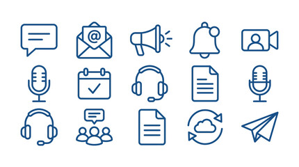 Fototapeta premium Communication Icons Set: Speech Bubble, Email, Megaphone, Bell, Video Call, Microphone, Calendar, Headphones, Document, Paper Plane