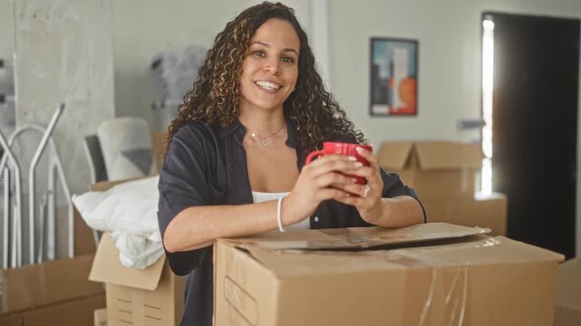 Woman with curly hair holding red coffee mug and leaning on packed cardboard boxes inside a building; fresh start contentment.