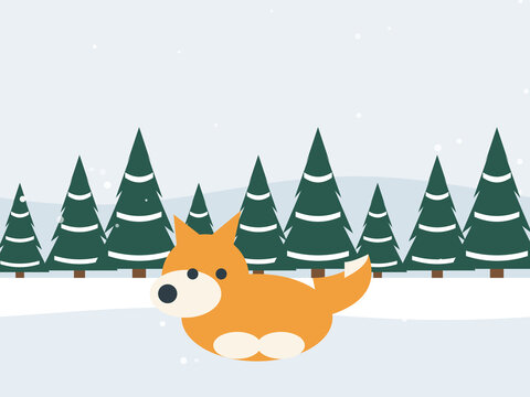 Red fox in a snowy pine forest flat vector illustration