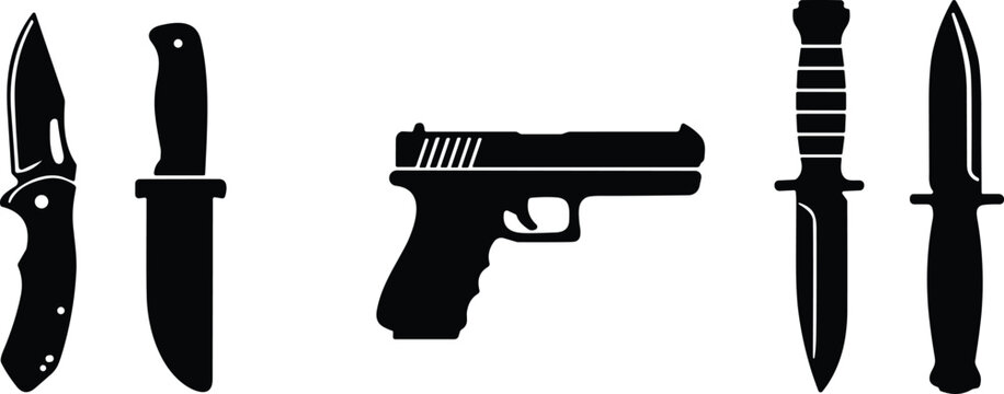 Tactical weapons vector icon set featuring handguns and combat knives for military and security equipment