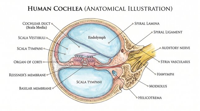 Detailed anatomical illustration of the human cochlea showing internal structures and labeled parts.