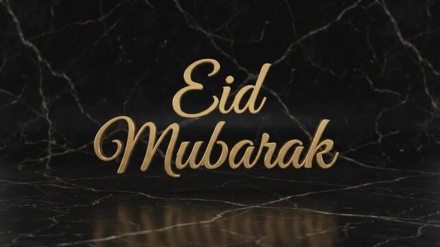Elegant golden Eid Mubarak cursive typography reflecting on a dark black marble background   