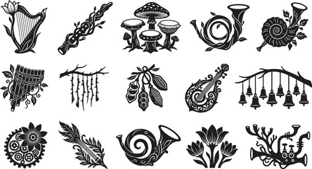 Obraz premium Fantasy musical instruments vector set featuring mystical harps mushroom drums horn vines hanging bells and steampunk gear trumpet silhouettes