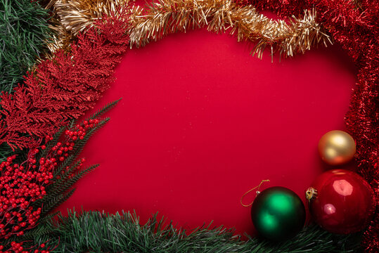 Christmas ornaments and tinsel border