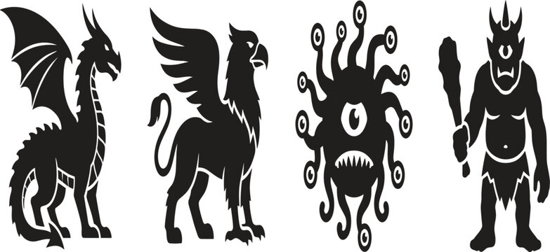 Fantasy mythical monsters vector set featuring a fire dragon royal griffin eye beholder and cyclops giant creature silhouette designs