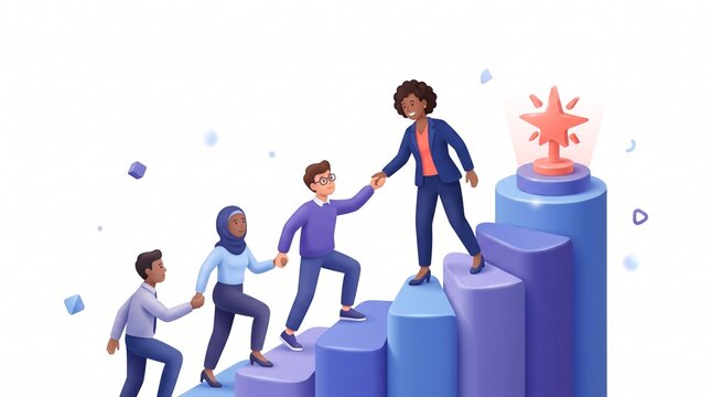 Business leadership concept with diverse team members helping each other climb up steps